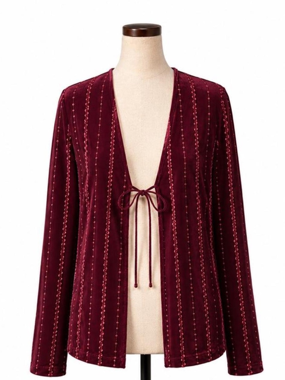Burgundy Velvet Embroidered Cardigan Ribbon Tie Front Feminine Boho Size S